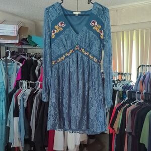 Teal Lace Dress with Floral Accents